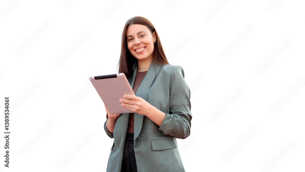 Professional woman smiling, gripping tablet against transparent backdrop Professional woman smiling, gripping tablet against transparent backdrop