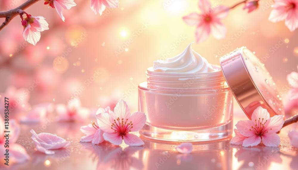 Open jar of luxurious face cream surrounded by delicate pink cherry blossoms, with glowing soft background. Beauty, freshness, and rejuvenation, skin care and premium cosmetic branding. Open jar of luxurious face cream surrounded by delicate pink cherry blossoms, with glowing soft background. Beauty, freshness, and rejuvenation, skin care and premium cosmetic branding.