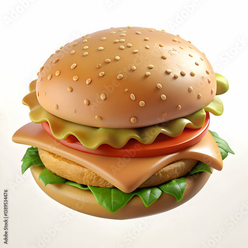 3D Render of a Delicious Cheeseburger with Sesame Seed Bun