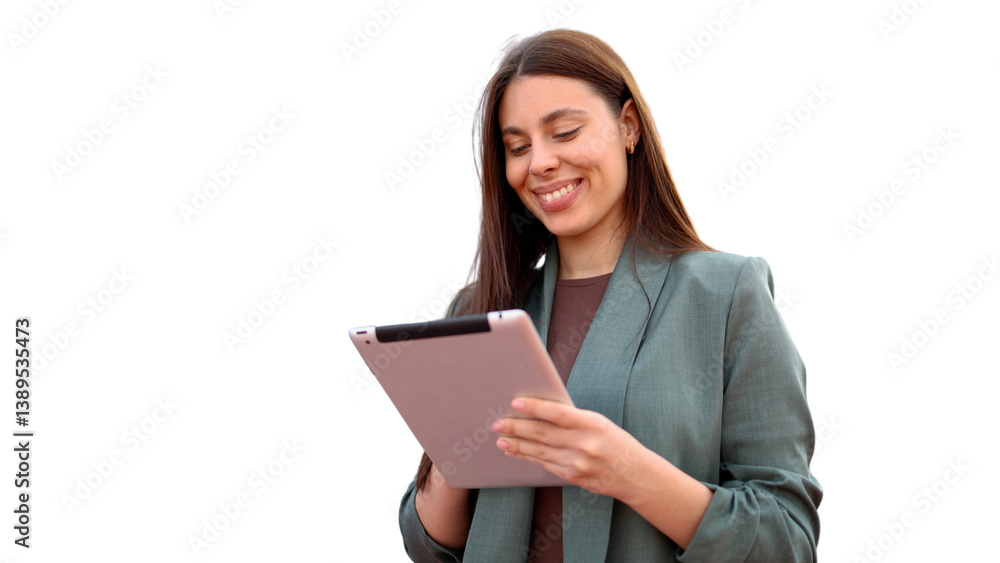 Businesswoman smiling while using digital tablet, isolated on transparent background Businesswoman smiling while using digital tablet, isolated on transparent background
