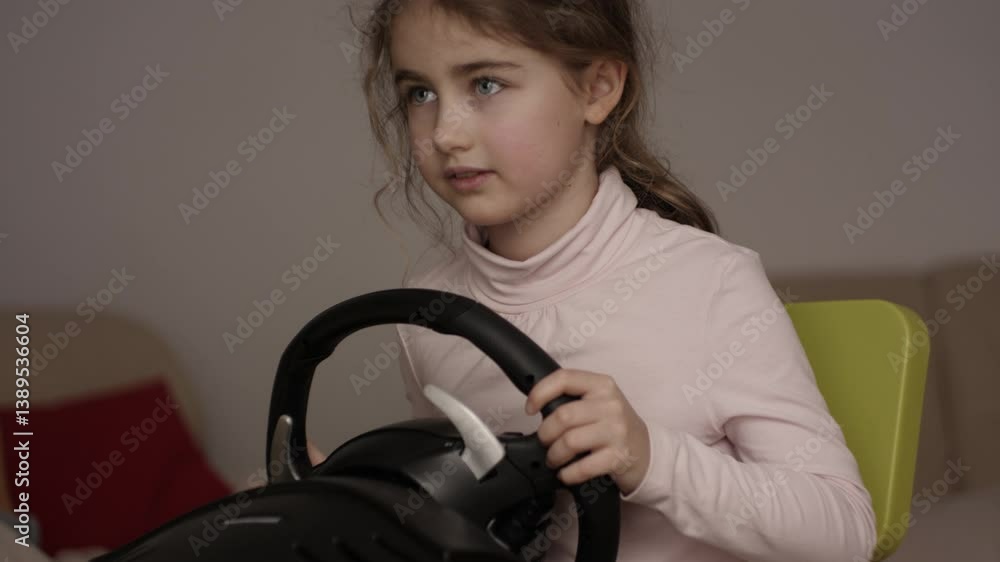 Girl Playing Racing Video Game in Game Console. Child Playing Computer Game in Headphones With Steering Wheel. Gamer With Headset Holding Steering Wheel Playing Video Game. Kid Gambling Addiction. Girl Playing Racing Video Game in Game Console. Child Playing Computer Game in Headphones With Steering Wheel. Gamer With Headset Holding Steering Wheel Playing Video Game. Kid Gambling Addiction.