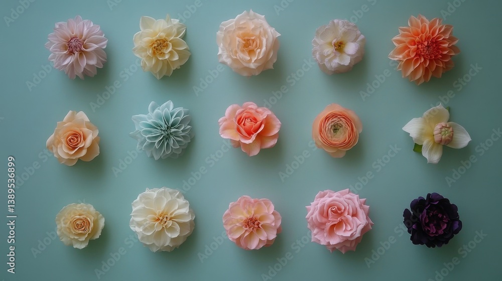 Fototapeta premium Flat lay of various flower heads, including roses, dahlias, and ranunculus on a solid color backdrop