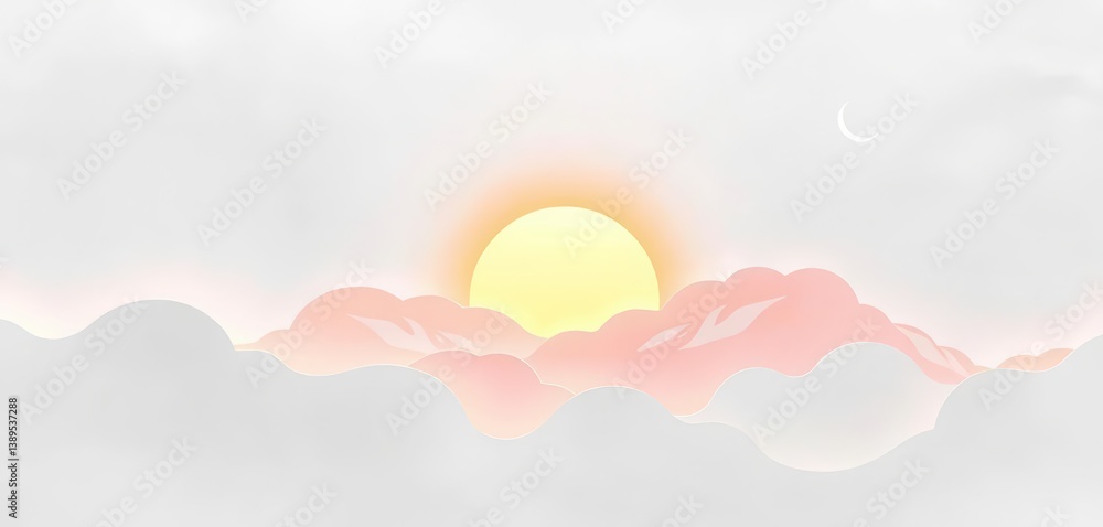 Layered white paper sun & clouds, minimalist design, close-up, white Layered white paper sun & clouds, minimalist design, close-up, white