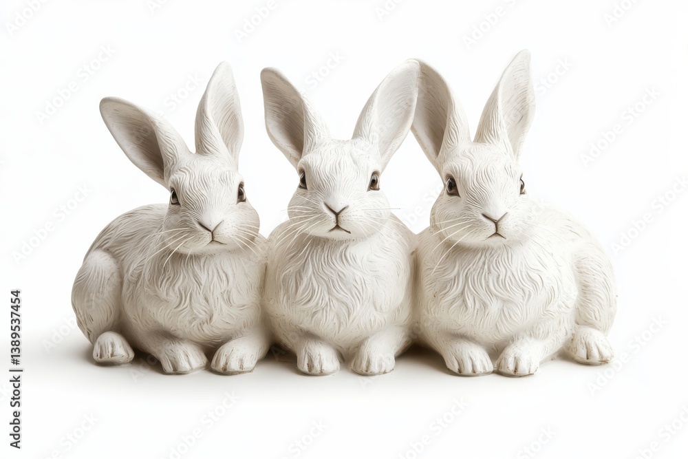 Obraz premium Three adorable white bunny rabbits sitting together serene and peaceful in soft light against a