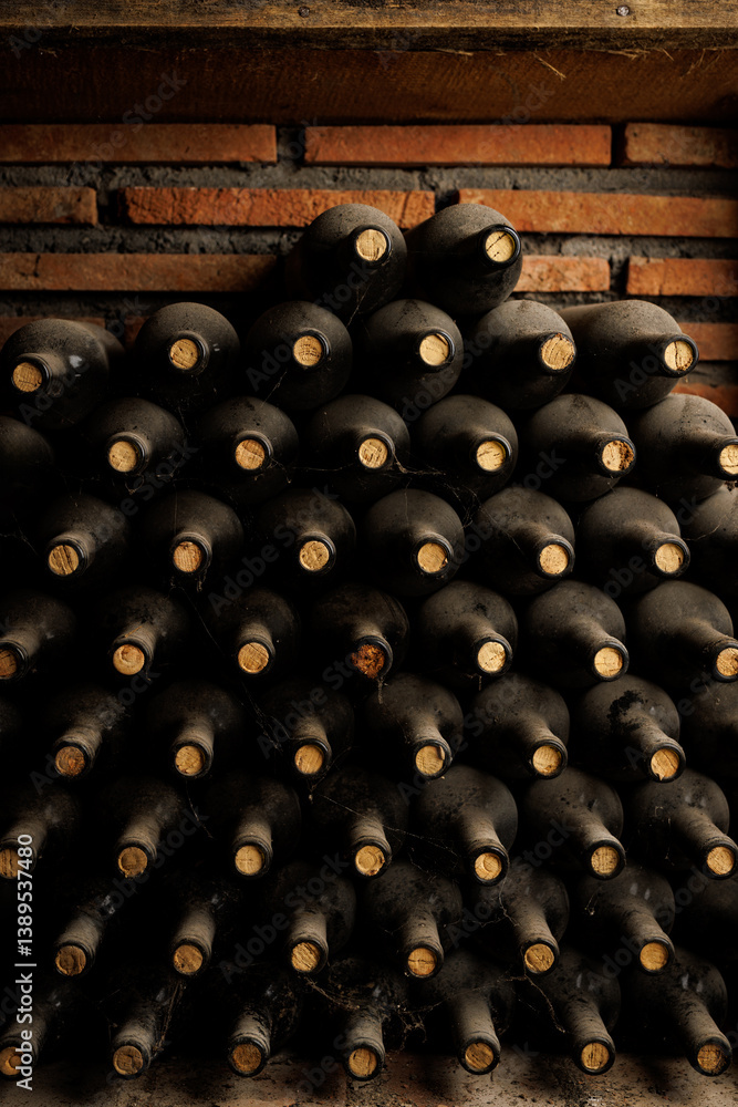 Obraz premium Rows of Aged Wine Bottles in a Rustic Cellar