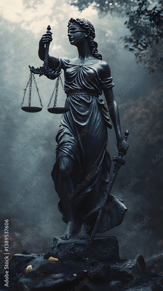 Fototapeta premium Justice statue, scales, sword, misty forest
