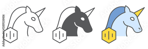 Unicorn with nft icon collection, unique token and non fungible token, unicorn vector icon set, vector graphics, editable stroke outline sign, eps 10