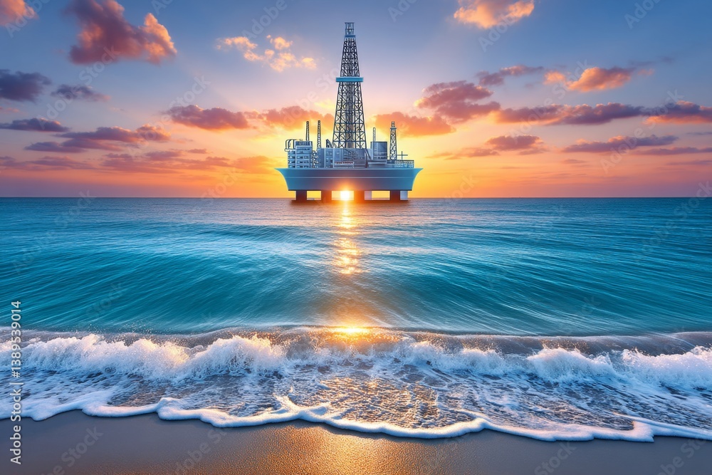 Obraz premium A massive offshore oil rig in the middle of the ocean, surrounded by crashing waves at sunset