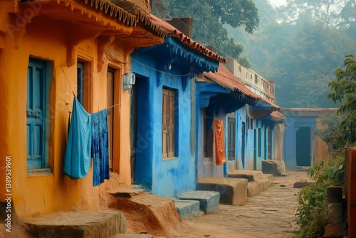 Colorful Indian Village Houses with Hanging Clothes and Misty Morning Atmosphere