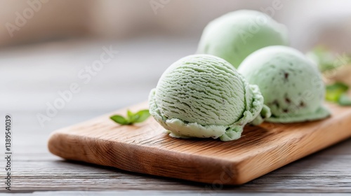 A close-up of creamy mint ice cream scoops served on a wooden platter, garnished with mint leaves, highlighting a refreshing dessert experience.