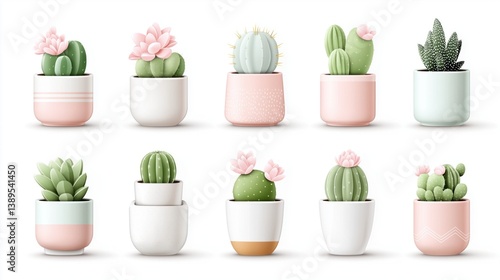 A colorful arrangement of various potted succulents and cacti, featuring stylish pots in pastel colors and diverse plant shapes.