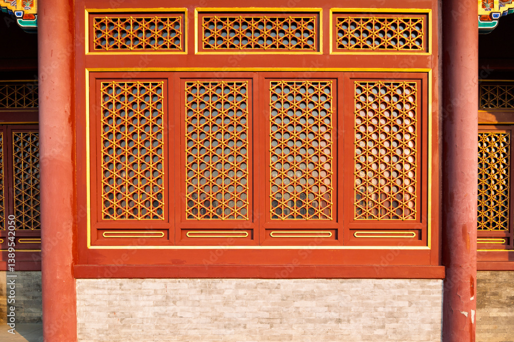 China red palace wood door and Decoration colorful painting beam and wood pole from ancient china palace in the Yonghe Lamasery (Lama Temple), Beijing city, China
