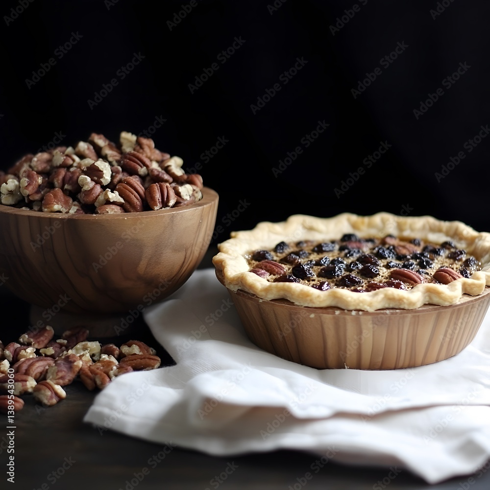 Delicious Pecan Pie and Nuts in Wooden Bowl Still Life Delicious Pecan Pie and Nuts in Wooden Bowl Still Life