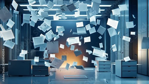 Floating documents fill a futuristic office
