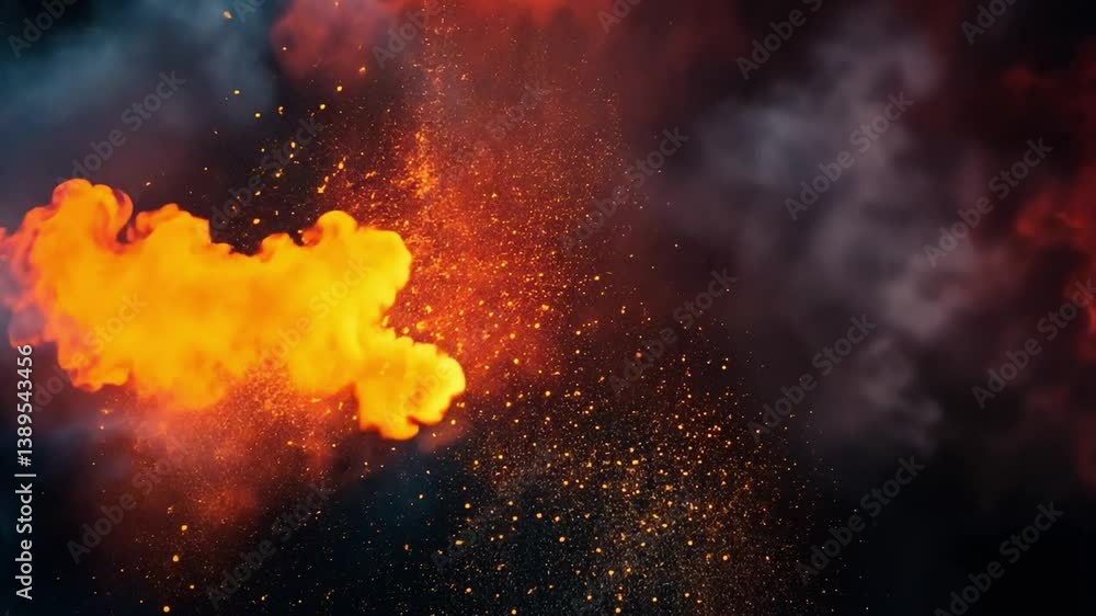 Fiery Explosion with Intense Flames and Sparks in a Dramatic Background of Dark Smoke and Vibrant Orange Color for Dynamic Visual Effects Fiery Explosion with Intense Flames and Sparks in a Dramatic Background of Dark Smoke and Vibrant Orange Color for Dynamic Visual Effects