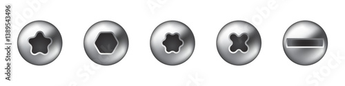 Screw Head Types with Different Drive Shapes Vector Set