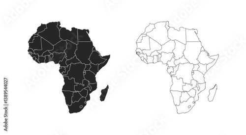 Outline and Solid Maps of Africa with Borders Vector Illustration