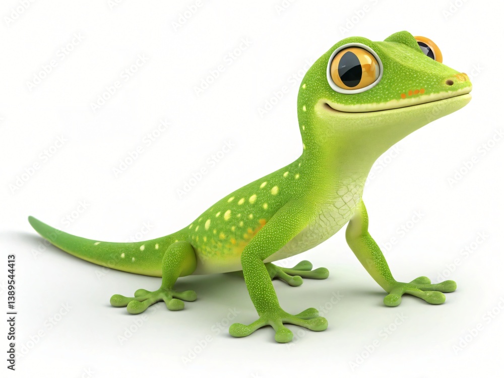 Fototapeta premium Adorable Cartoon Gecko Green Reptile Cute Lizard Happy Animal 3D Render Studio Shot