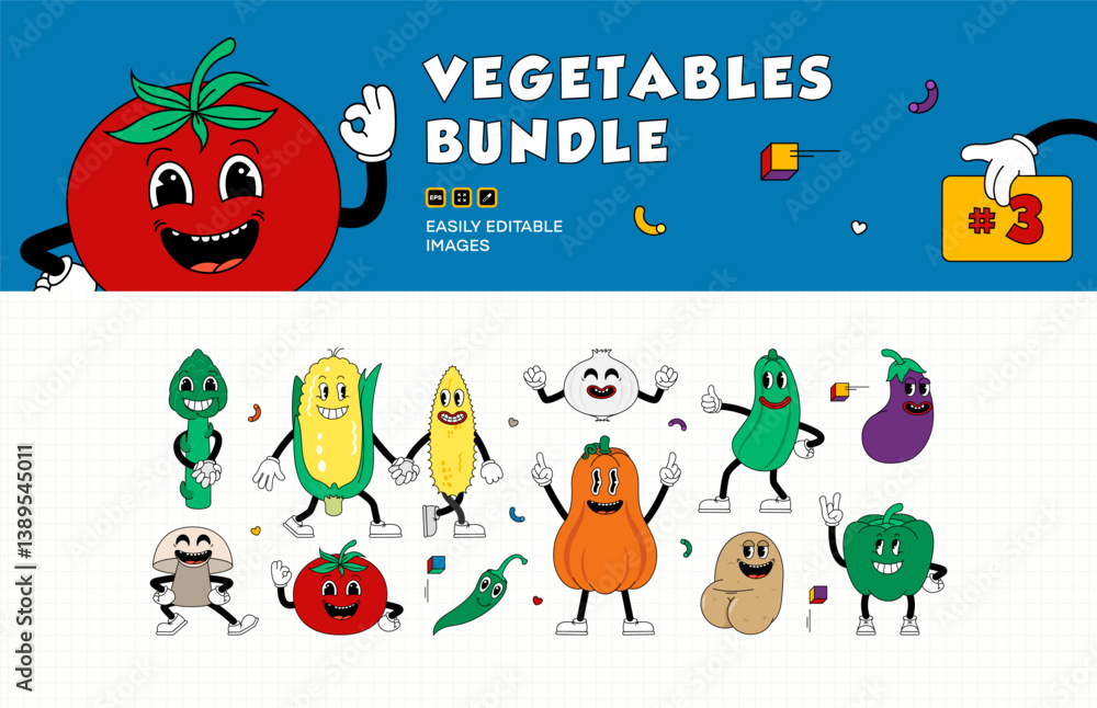 Fototapeta premium Set of retro cartoon stickers with funny comic vegetable characters, gloved hands. Playful, colorful, and hand-drawn comic book characters in contemporary illustration style.