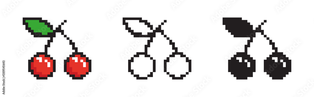 Pixelated Cherry Vector Icons Set Pixelated Cherry Vector Icons Set