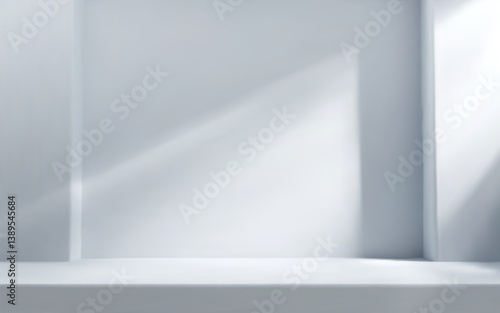 White room studio with table top and natural light. Product presentation template.