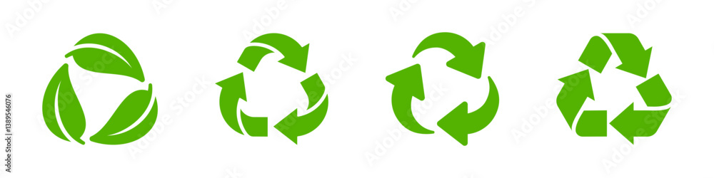 Fototapeta premium Green Recycling Symbols with Arrows and Leaves Vector Set