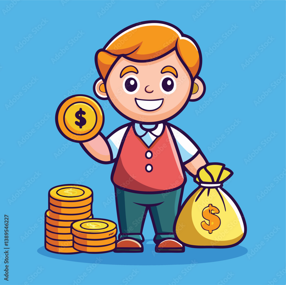 Cartoon Boy Character Holding Gold Coin And Money Bag With Dollar Sign Vector