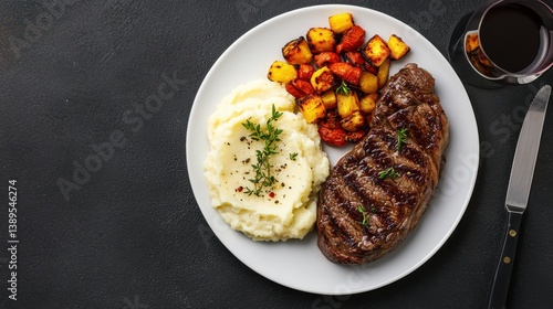 Tenderloin food concept. Grilled steak with mashed potatoes and roasted vegetables