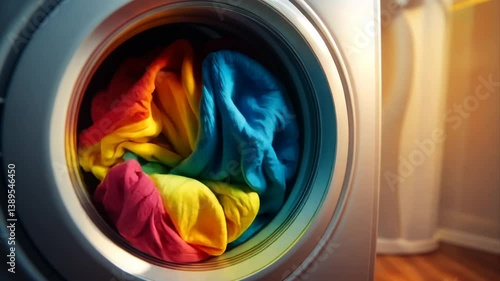 Colorful clothes swirling inside a washing machine drum