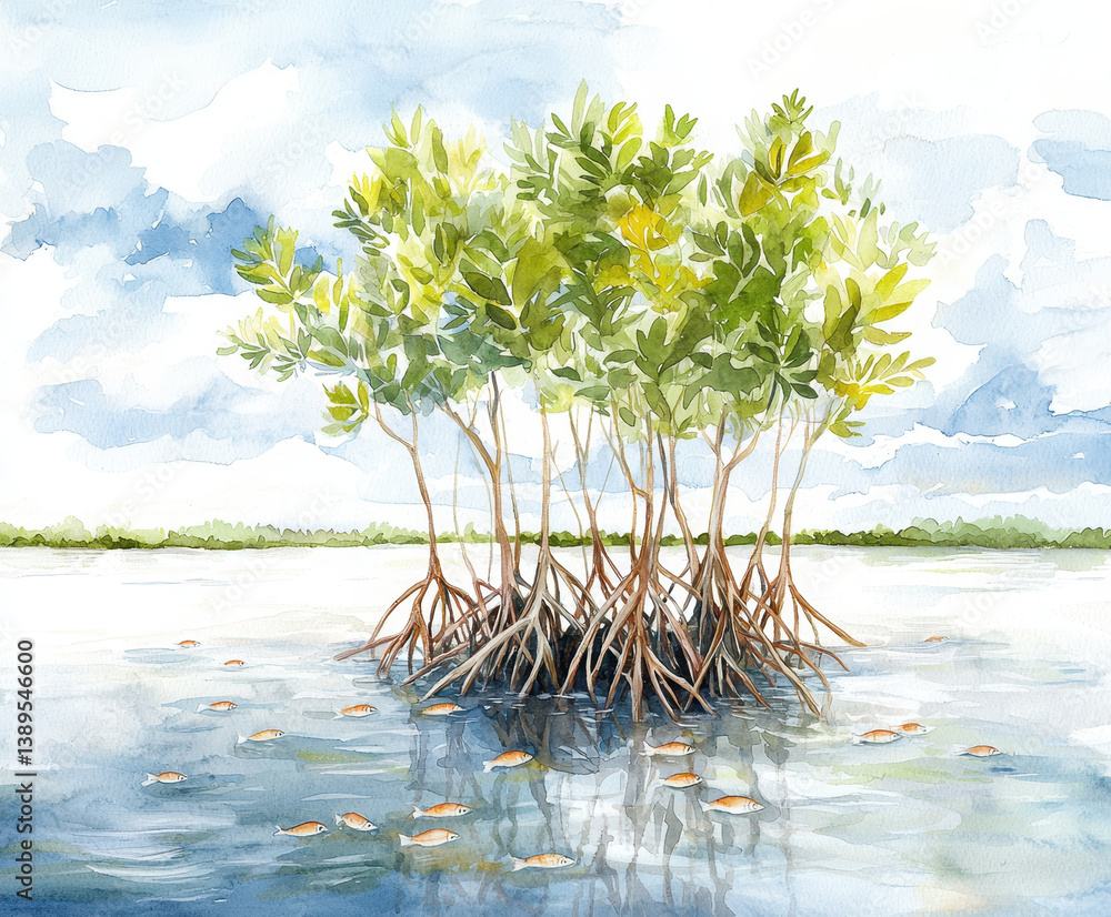 Obraz premium Lush mangrove trees rise from tranquil waters, creating serene and vibrant ecosystem
