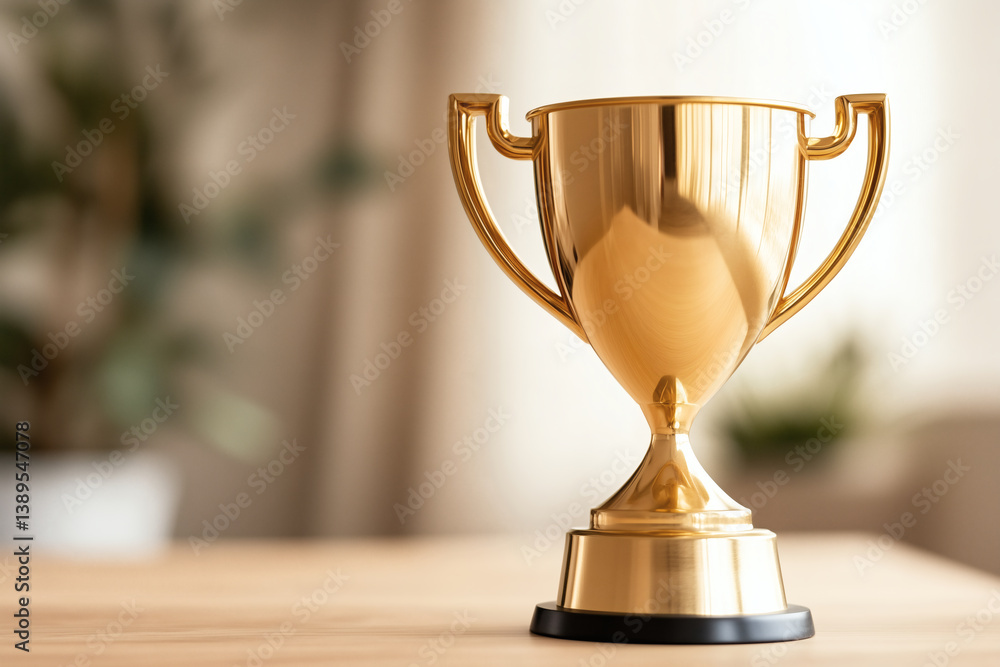 A shiny golden trophy is prominently displayed on a wooden table, symbolizing success and recognition in a well-lit indoor space with soft natural light A shiny golden trophy is prominently displayed on a wooden table, symbolizing success and recognition in a well-lit indoor space with soft natural light