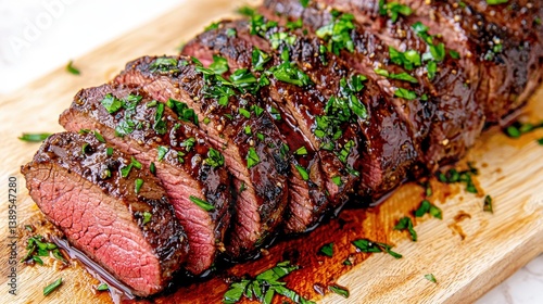 Tenderloin food concept. Seasoned beef tenderloin roast sliced into even medallions