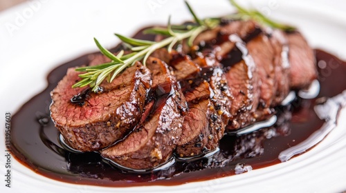 Tenderloin food concept. Sliced beef tenderloin roast served with a rich sauce