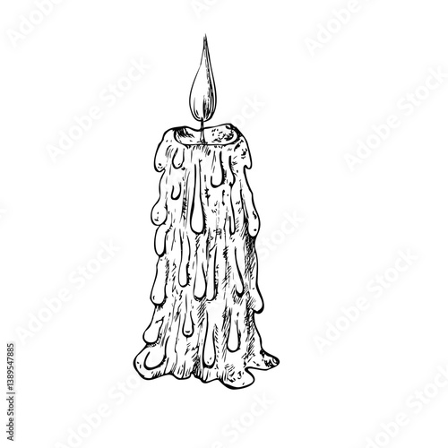 Vector candle with wick and wax. Hand painted linear candlelight illustration style for Christmas or birthday design. Graphic monochrome sketch isolated on background. For designers, prints, logo