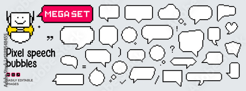 Mega Set of Pixel Bubbles. Retro 8-Bit Speech Boxes for Games and UI. Set of empty pixelated speech bubbles. Vector illustration