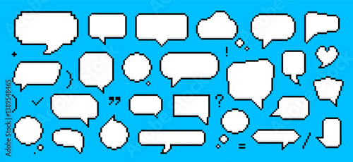 Set of Pixel Bubbles. Retro 8-Bit Speech Boxes for Games and UI. Set of empty pixelated speech bubbles. Vector illustration