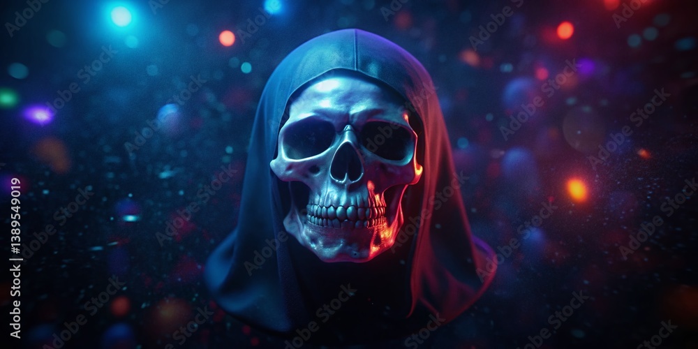 Spooky Grim Reaper Skull with Bokeh - Halloween Stock Photo Spooky Grim Reaper Skull with Bokeh - Halloween Stock Photo