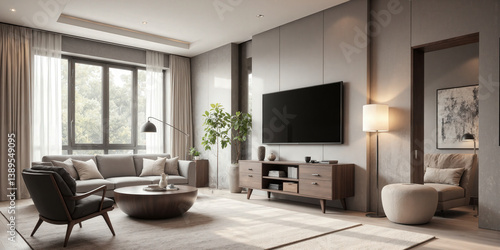 Vintage-Inspired Modern Home Office A modern home office with a wall-mounted TV above a vintage-inspired writing desk, ergonomic seating