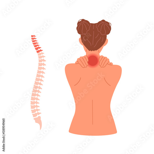 Vector woman with neck pain in the cervical spine. Flat sick girl with inflammation and ache in the back. Medical problem of backache