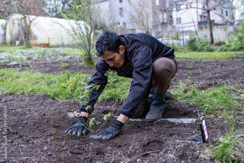 Hombre sembrando en una huerta ecológica