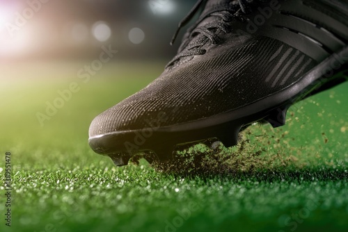 Close-up of soccer cleat striking turf, capturing dynamic moveme