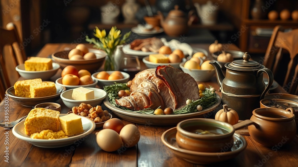 Fototapeta premium A rustic tabletop set with various traditional breakfast dishes, including bread, cured meat, butter, and eggs, showcasing a cozy and natural morning atmosphere.