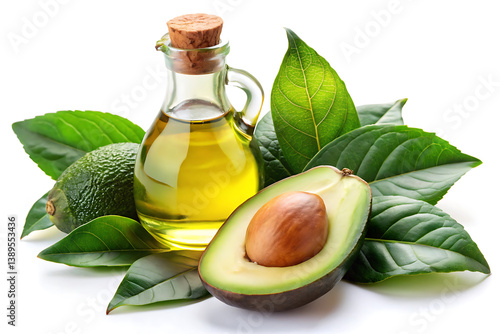 avocado oil with avocado fruit and leaves image isolated on white