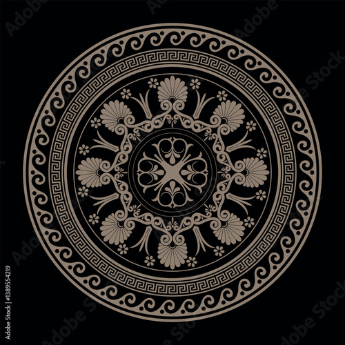 Decorative gold round frame for design with Greek key, meander. Circle frame. Egyptian, Assyrian, Greek motif circular frame. Template for textiles, engraving, forging, embroidery