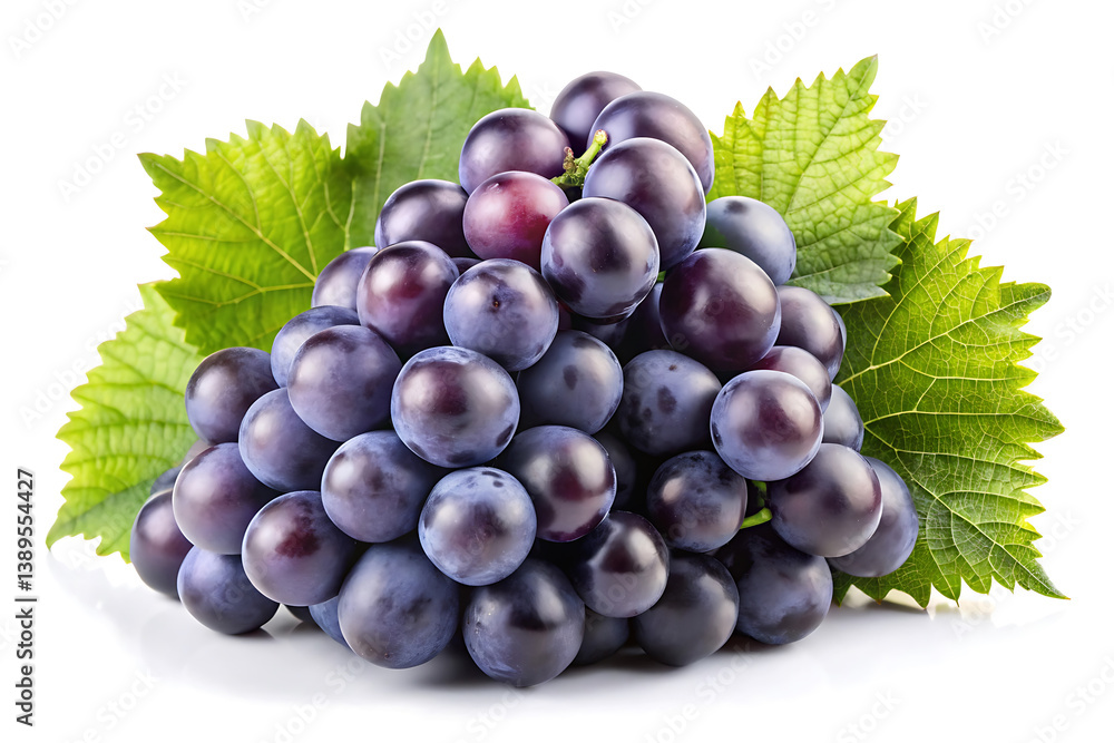 Fototapeta premium black grape cluster with leaves image isolated on white background