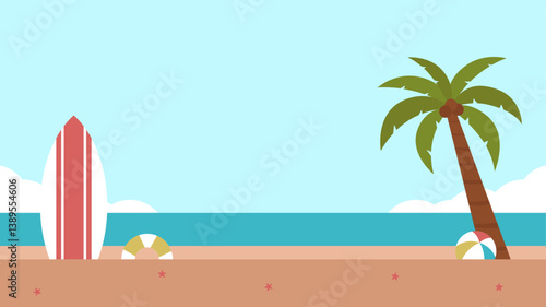 Summer beach flat illustration. Beach scenery background
