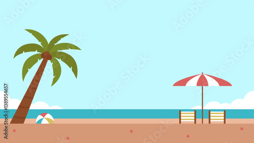Summer beach flat illustration. Beach scenery background