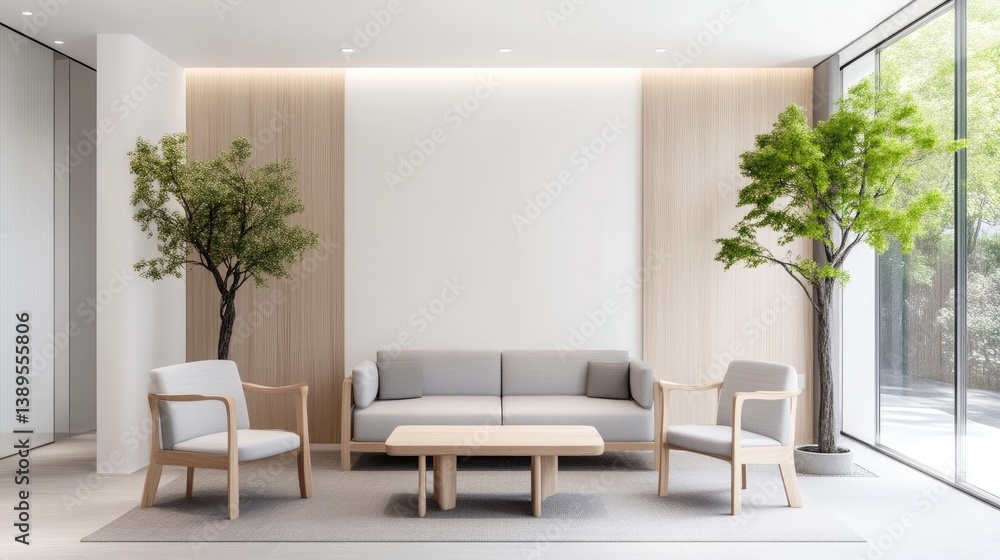 Fototapeta premium Modern minimalist waiting area with light wood accents and a soft color palette. Large windows offer natural light and a view of the outdoors, accented by potted trees.