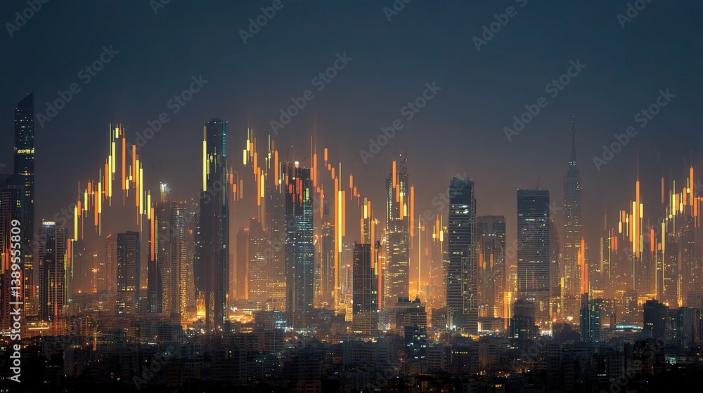 Fototapeta premium Cityscape with Blended Glowing Forex Graph Lines at Night