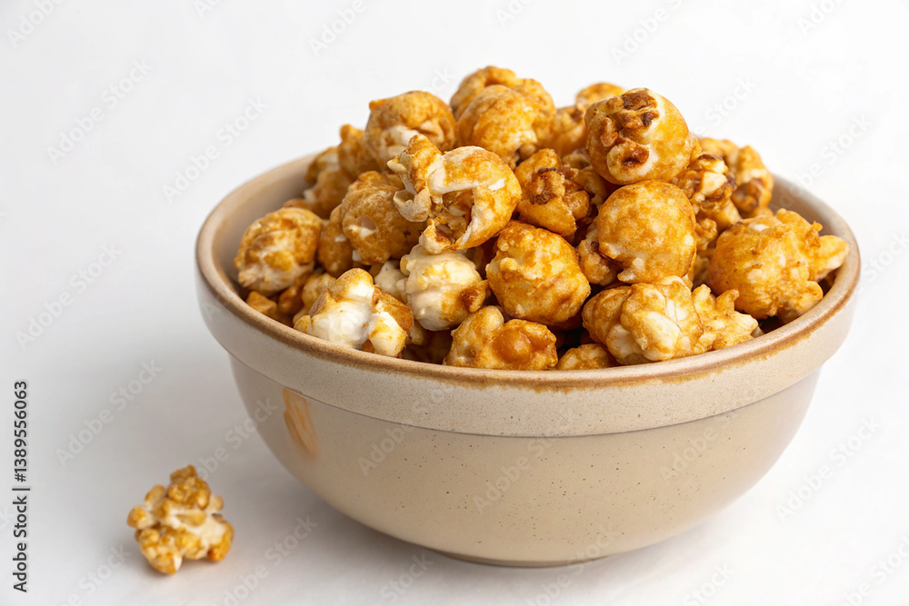 Bowl Brimming with Glazed Caramel Popcorn, Perfectly Coated, on White Background Bowl Brimming with Glazed Caramel Popcorn, Perfectly Coated, on White Background
